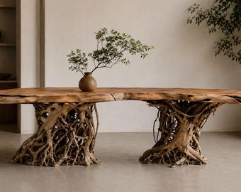 Mesa consola de olmo con borde natural – Base escultural de raíz, madera maciza