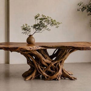 Pode incluir: Uma grande mesa de jantar de madeira natural com uma base única em forma de raiz. O tampo da mesa é uma única tábua de madeira com borda viva. Um pequeno vaso com vegetação está sobre a mesa. A mesa está numa sala de tons neutros.