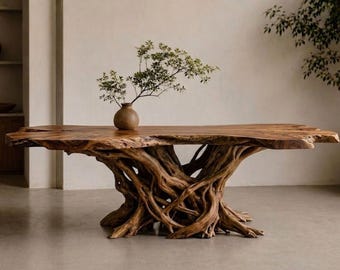 Mesa consola de olmo con borde natural – Base escultural de raíz, madera maciza