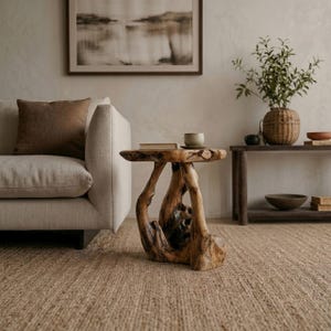 May include: A unique, handcrafted wooden side table with a natural, organic design. The table features a round top and a base made from intertwined branches. A book and a small ceramic cup rest on the table's surface. The table is set on a woven jute rug.