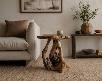 Live Edge Wood Side Table – Sculptural Root Base, Solid Elm
