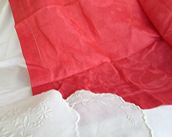 Red damask linen tablecloth with doilies-3 pcs