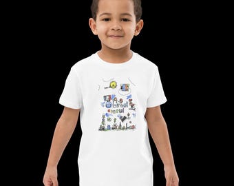 Object Show barn-T-shirt | Handritad tecknad grafik-T-shirt, ekologisk bomull