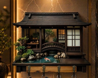 Japanese Style Wooden Key Holder | Retro Wall Hook Board | Entryway Organizer | Anime Decor