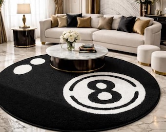 Tappeto rotondo 8 Ball: morbido, antiscivolo, nero, ideale per giocare a videogiochi.