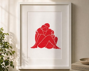 Grabado en linóleo «Embrace», arte mural minimalista en rojo, relieve impreso a mano, edición limitada.