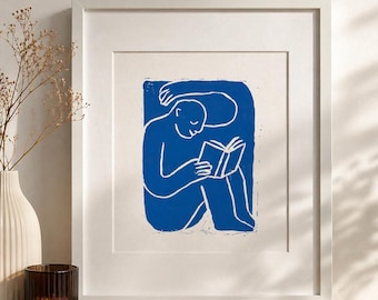 Grabado en linóleo "El lector silencioso", arte mural minimalista azul, regalo para amantes de los libros, edición limitada.