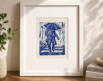 Grabado en linóleo azul hecho a mano, figura de paraguas, arte minimalista, edición limitada firmada (24 x 32 cm)