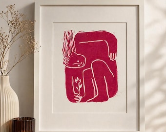 Inner Bloom Linocut Print, Red Figurative Art, Minimalist Wall Decor