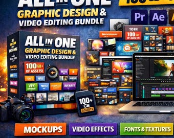Pakiet do edycji wideo i projektowania graficznego, zasoby ponad 100 GB, makiety, nakładki (licencja MRR PLR)