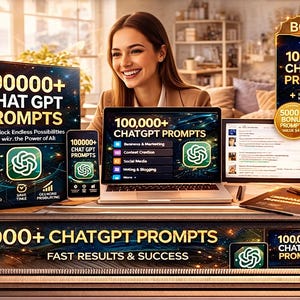 以下が含まれることがあります： 「100,000+ ChatGPT Prompts」というテキストが表示されたデジタル製品の画像。製品はラップトップ、スマートフォン、箱に表示されています。画像にはボーナスオファーと、背景で微笑んでいる女性も含まれています。この製品は、迅速な結果と成功を約束します。
