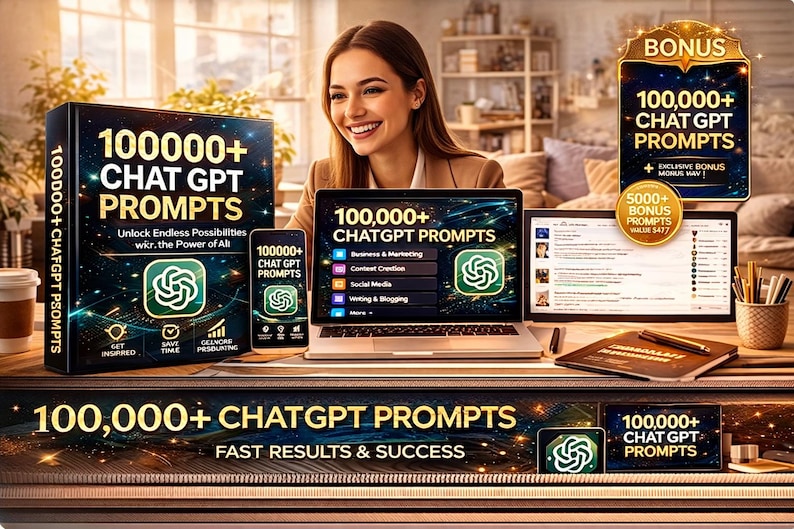 以下が含まれることがあります： 「100,000+ ChatGPT Prompts」というテキストが表示されたデジタル製品の画像。製品はラップトップ、スマートフォン、箱に表示されています。画像にはボーナスオファーと、背景で微笑んでいる女性も含まれています。この製品は、迅速な結果と成功を約束します。