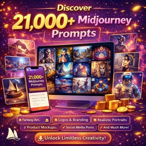 May include: An advertisement for digital art prompts, featuring a computer monitor and smartphone displaying fantasy art. The image has a purple and gold colour scheme. Text includes "Discover 21,000+ Midjourney Prompts" and "Unlock Limitless Creativity!" with related icons.