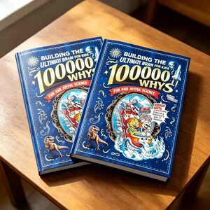 May include: Two identical hardback books titled Building the Ultimate Brain for Kids 100000 Whys Fun and Joyful Science. The dark blue covers feature gold text, a central illustration of cartoon characters in a roller coaster, and a dinosaur.