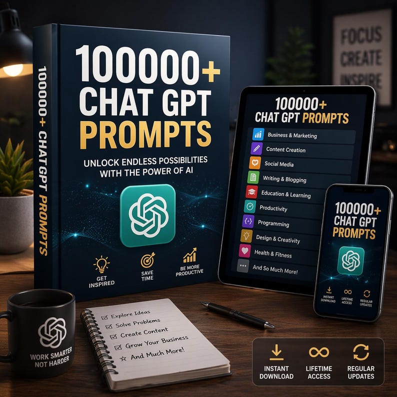 以下が含まれることがあります： 本、タブレット、スマートフォンに、ターコイズ色のロゴで「100000+ Chat GPT Prompts」と表示されています。本の表紙には「AIの力で無限の可能性を解き放つ」と書かれています。ロゴと「Work Smarter Not Harder」という文字が入ったマグカップも表示されています。