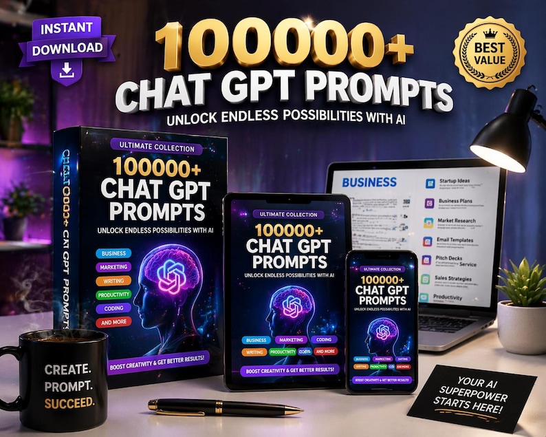 以下が含まれることがあります： 「100000+ Chat GPT Prompts」と表示された本、タブレット、携帯電話、ラップトップをフィーチャーしたデジタル製品の広告。画像には「Create. Prompt. Succeed.」と書かれたコーヒーマグと「Your AI Superpower Starts Here!」と書かれた看板が含まれています。