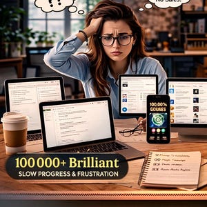 以下が含まれることがあります： メガネをかけたストレスを感じている女性が、ラップトップ、タブレット、スマートフォンに囲まれています。スマートフォンには「100.00% COURSES」と表示されています。テキストには「100 000+ Brilliant」と「SLOW PROGRESS & FRUSTRATION」が含まれています。思考バブルには「??」と「Content? No Sales!」と書かれています。
