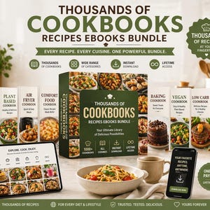 Puede incluir: Imagen promocional que muestra un paquete de libros de cocina con el texto "Thousands of Cookbooks Recipes Ebooks Bundle". La imagen presenta varios libros de cocina, una tableta y un teléfono inteligente que muestra recetas. El paquete incluye libros de cocina para diferentes dietas y cocinas.