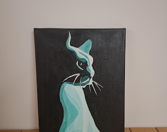 Abstract Blue and Turquoise Cat Painting - Original Animal Painting on Black Background - Modern Art - Gift for Cat Lovers and Kitchen