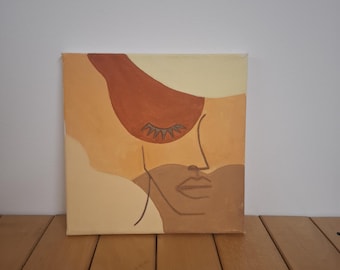 Boho Chic Painting "Serenity" Female Face Line Art - Original Painting Earth Colors Ochre Terracotta - Minimalist Interior Art