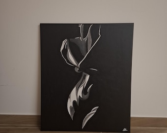 Female Body Silhouette Painting "Abstract Life" - Original Black and White Painting - Sensual Minimalist Wall Art for Bedroom