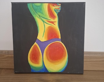 Colorful Female Torso Painting "Venus" - Original Painting Rainbow and Fluid Colors on Black Background - Contemporary Human Body Art