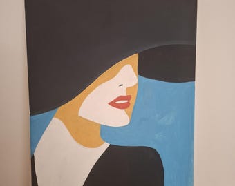 Pop Art Painting of a Woman with a Hat "Betrayal" - Minimalist Female Portrait in Bright Colors - Modern and Colorful Wall Decor