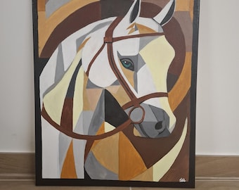 Cubist Geometric Horse Painting "Consolation" - Original Acrylic Painting on Canvas - Modern Art in Warm Colors for Home Decor