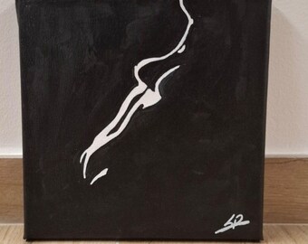 Minimalist Female Line Art Painting "Essence" - Woman Profile Original Painting White Line on Black Background - Elegant Bedroom Art