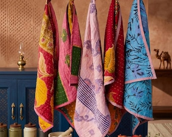 Paños de cocina Kantha – Juego surtido de 5 paños de cocina y de té acolchados reversibles de algodón indio hechos a mano, decoración de cocina rústica