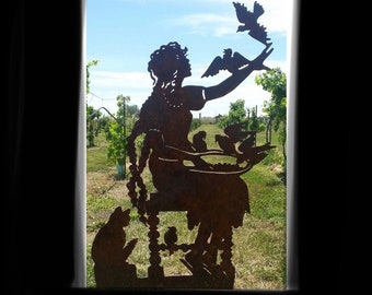 Rosario and Birds  Large Vintage Large Metal Silhouette Sculpture for the Garden or Yard Art / Memorial  Sculpture shadow Art 4 Garden Walls