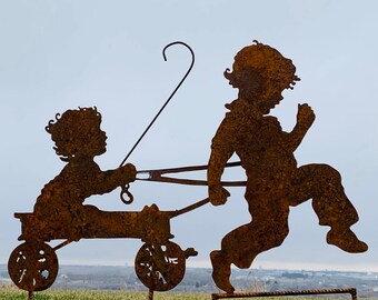 Big Brother Pulling His Baby Brother In Wagon Vintage Large Metal Silhouette for the Garden or Yard Art