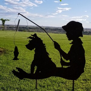 Maxie and Luke Fishing Vintage Large Metal Silhouette for the Garden or Yard Art