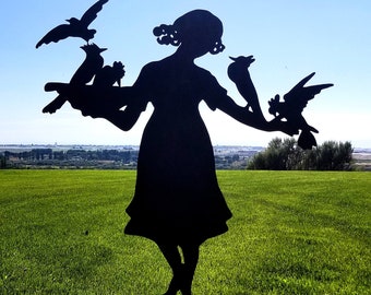 Gloria with Birds Vintage Large Metal Silhouette for the Garden or Yard Art/ Shadow Art for Garden Walls