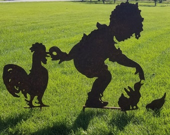 Lee And His Chicken and Rooster Vintage Large Metal Silhouette for the Garden or Yard