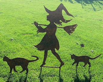 Teresa My Kindred Spirit and two Cats/ Gardern Art/Yard Art/ Metal Silhouettes/ Halloween/ Wicca