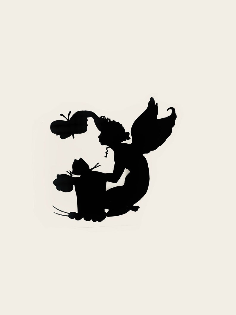 May include: A black silhouette of an angel with large wings, holding a bundle of flowers. The angel is kneeling, with a flowing hairstyle and delicate features. The image is set against a cream-colored background.