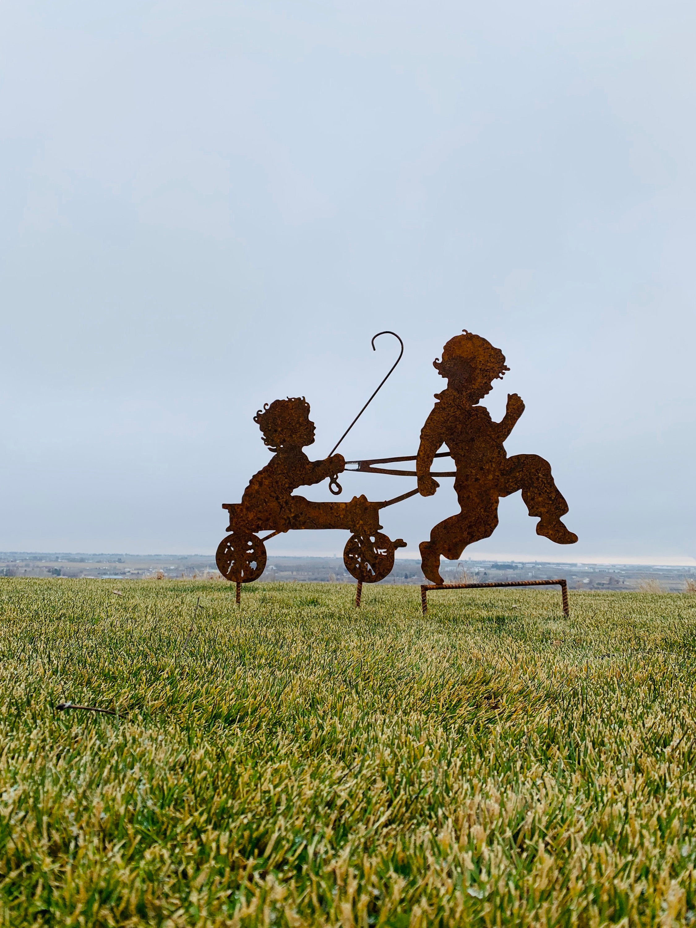 Big Brother Pulling His Baby Brother in Wagon Vintage Large Metal ...
