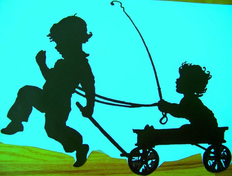 Big Brother Pulling His Baby Brother in Wagon Vintage Large Metal ...