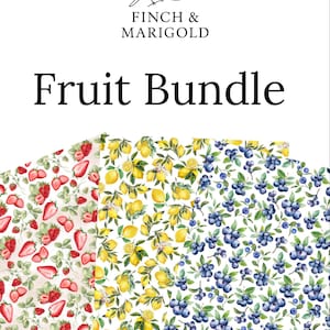 May include: A digital graphic featuring the text Finch & Marigold and Fruit Bundle above three overlapping patterns. The patterns display watercolour illustrations of red strawberries, yellow lemons with green leaves, and blue blueberries.