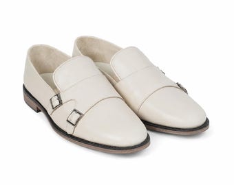 Men's Beige Double Monk Strap Leather Dress Shoes, Premium Formal Wedding Shoes, Handmade Luxury Loafers, Business Office Shoes, Gift for He