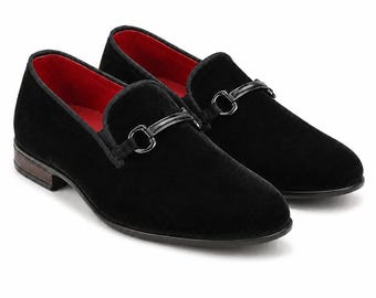 Men's Black Velvet Horsebit Loafers, Luxury Dress Shoes for Men, Formal Wedding Loafers, Slip On Party Shoes, Premium Suede Style Shoes