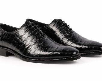 Black Crocodile Embossed Leather Oxford Shoes for Men, Luxury Black Dress Shoes, Formal Wedding Shoes, Business Office Shoes, best for men
