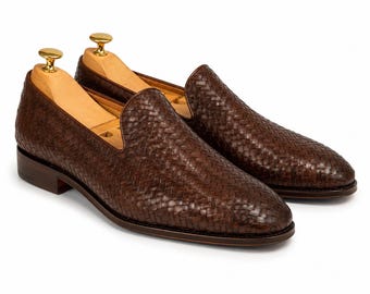 Handwoven Brown Leather Loafers for Men – Luxury Woven Slip-On Dress Shoes – Handmade Formal Wedding Office Shoes – Premium Leather Flats