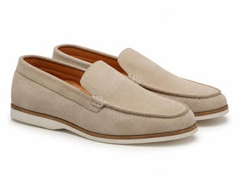 Beige Suede Moc Toe Loafers, Handmade Slip On Dress Shoes, Wedding Casual Leather Mocassins