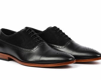 Black Leather Oxford Shoes for Men | Handmade Genuine Leather Dress Shoes | Luxury Formal Wedding Office Shoes | Custom Sizes US 5–16 |