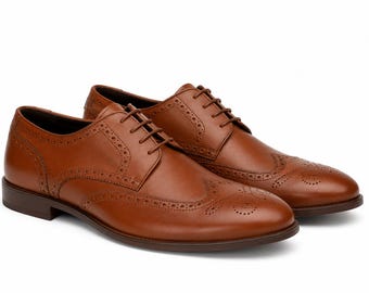 Men's Brown Leather Brogue Shoes, Handmade Wingtip Dress Shoes, Classic Oxford Style Formal Shoes, Wedding Shoes, Business Shoes