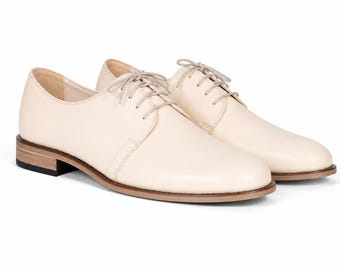 Men's Beige Leather Oxford Shoes | Handmade Dress Shoes | Formal Wedding Shoes for Men | Classic Office Shoes | Premium Leather Lace-Up |