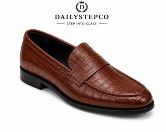 Men's Brown Crocodile Pattern Penny Loafers | Luxury Slip-On Dress Shoes