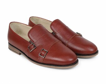 Men's Brown Leather Double Monk Strap Dress Shoes | Handmade Luxury Formal Shoes | Classic Wedding Office Loafers | DAILYSTEPCO